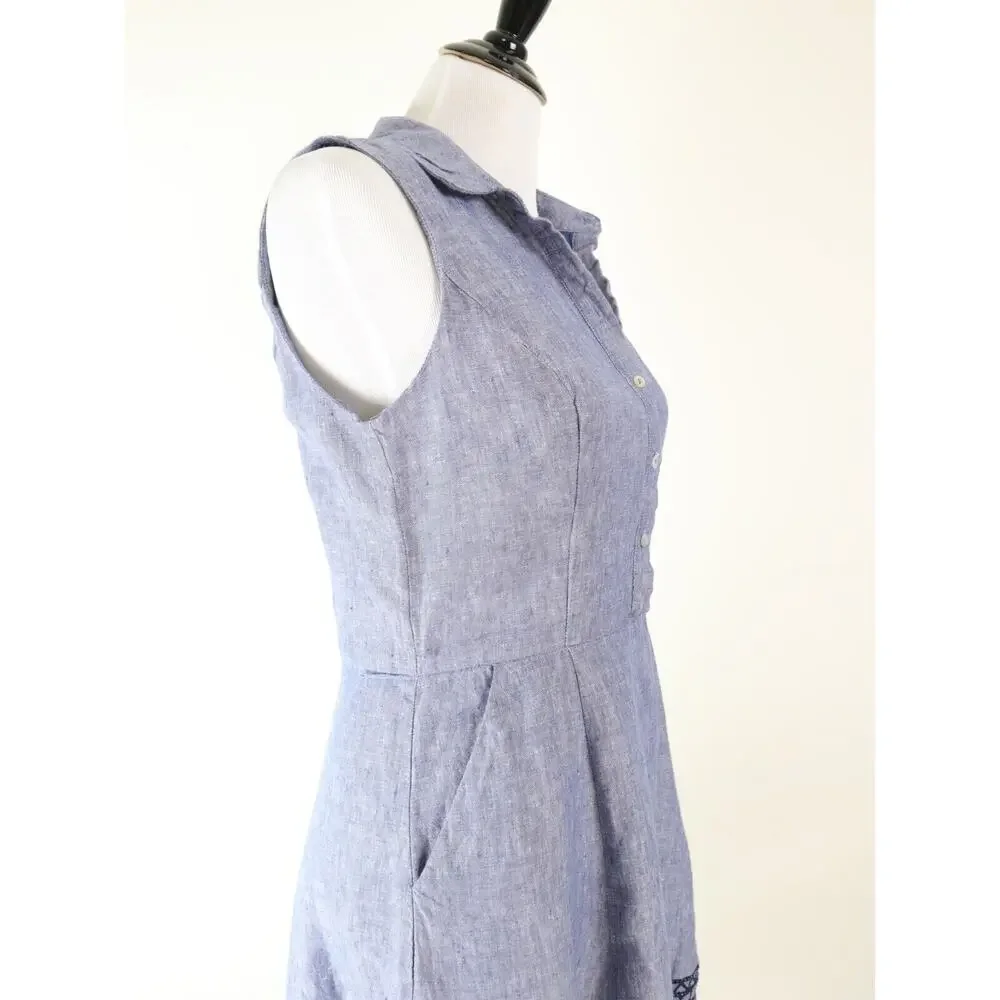Tahari Size 4 Linen Sleeveless Shirt Dress Collared Embroidered Blue - Picture 6 of 12